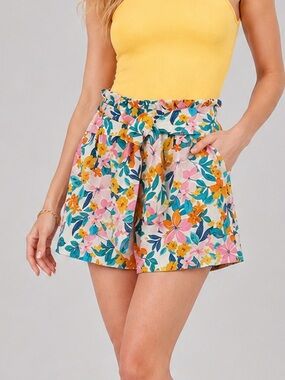 🆕 🌺🌼🌸BCBGeneration Floral Paperbag Linen Blend Shorts XL Tropical Resort Boho